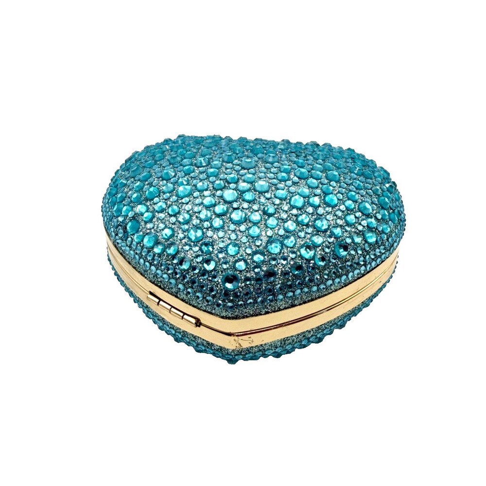 Blue Crystal Heart Clutch Bag Gold Handle Formal Evening Cocktail Purse NEW - Picture 7 of 8